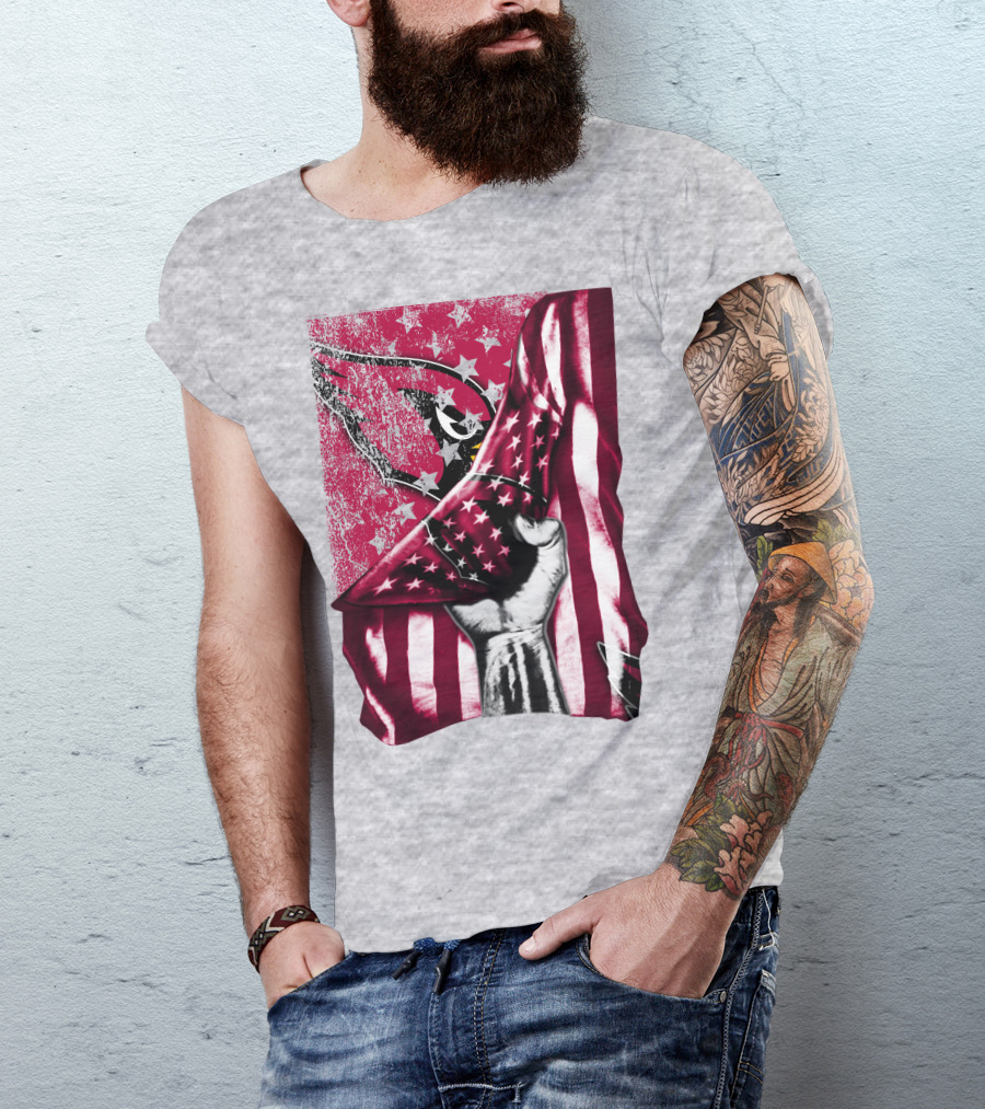 Arizona Cardinals Hand Holding American Flag With Cardinal Logo Stars T-Shirt