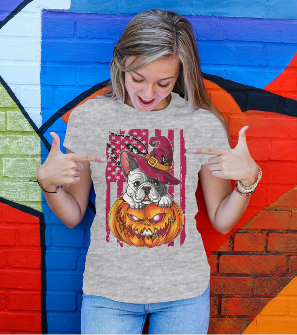 Hlw Bulldog Witch Hat Pumpkin Stars Stripes T-Shirt