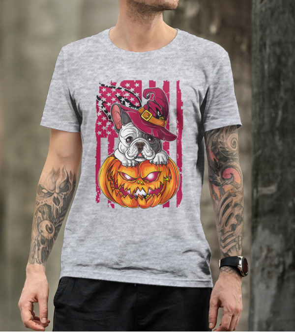 Hlw Bulldog Witch Hat Pumpkin Stars Stripes T-Shirt