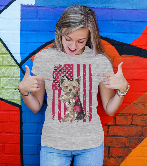 Yorkshire Terrier I Love Mom Arizona Cardinals American Flag T-Shirt