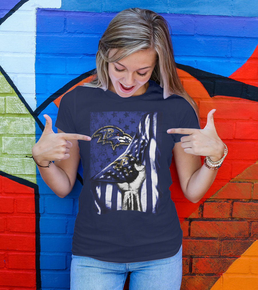 Fist Holding American Flag With Baltimore Ravens Logo And Stars T-Shirt