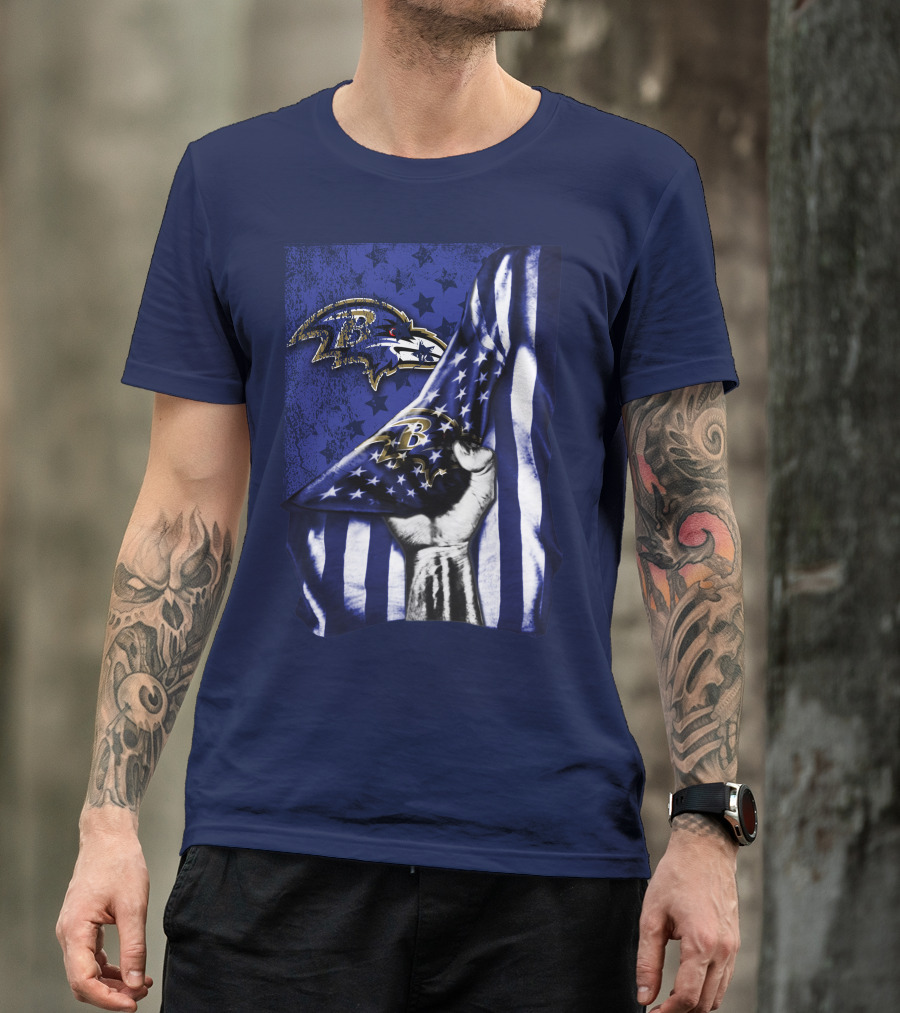 Fist Holding American Flag With Baltimore Ravens Logo And Stars T-Shirt