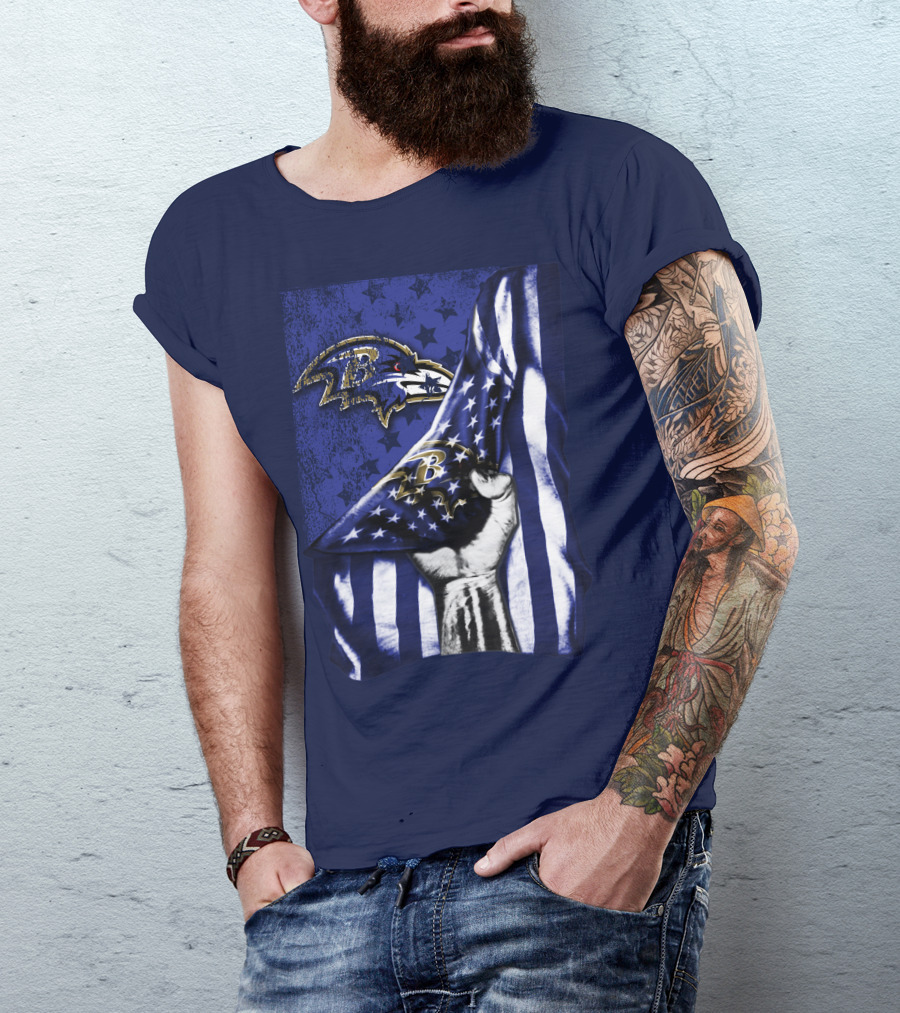 Fist Holding American Flag With Baltimore Ravens Logo And Stars T-Shirt