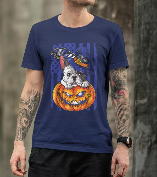 Bulldog In Wizard Hat On Jack-o'-Lantern With Baltimore Ravens T-Shirt