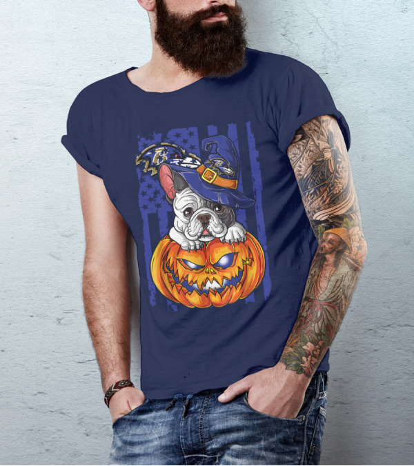 Bulldog In Wizard Hat On Jack-o'-Lantern With Baltimore Ravens T-Shirt