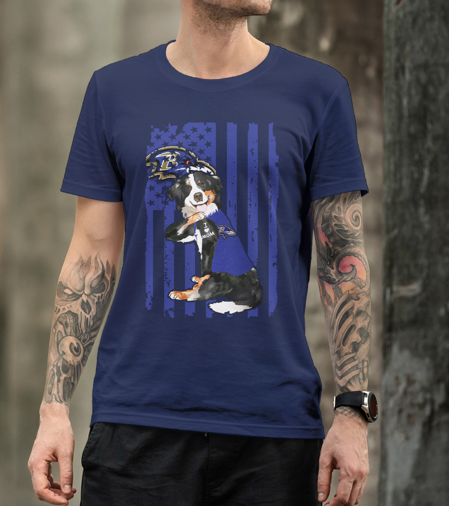 Border Collie Wearing Baltimore Ravens Gear With I Love Mom Tattoo T-Shirt