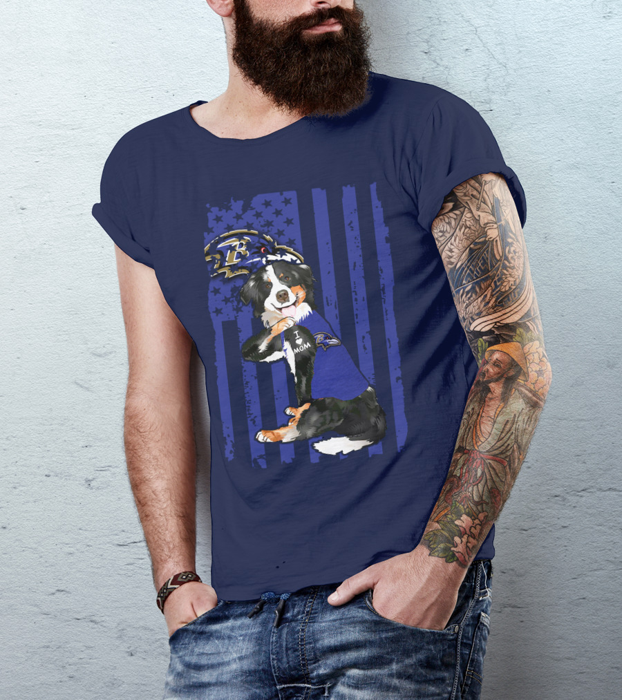 Border Collie Wearing Baltimore Ravens Gear With I Love Mom Tattoo T-Shirt