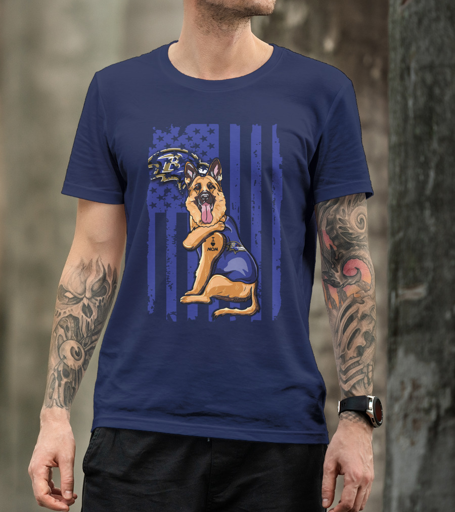 German Shepherd Illustrated With Baltimore Ravens NFL Symbol And I Love Mom Tattoo T-Shirt