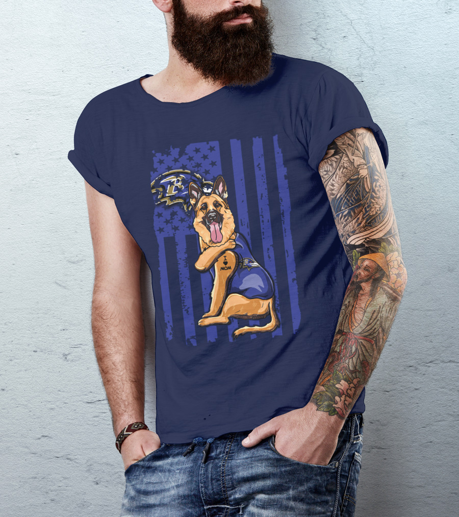 German Shepherd Illustrated With Baltimore Ravens NFL Symbol And I Love Mom Tattoo T-Shirt