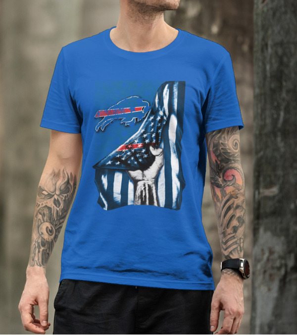 Buffalo Bills American Flag Blue Stripes Football Fan Fist T-Shirt