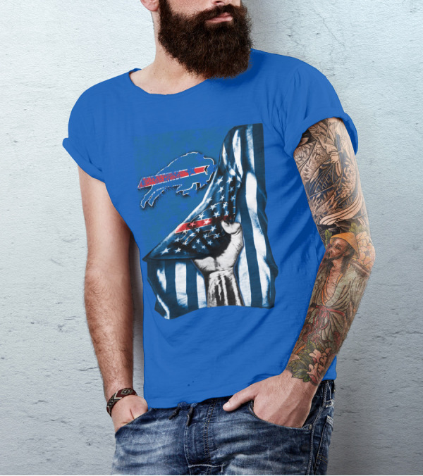 Buffalo Bills American Flag Blue Stripes Football Fan Fist T-Shirt