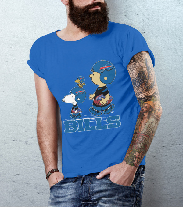 Snpfootball Buffalo Bills Snoopy Woodstock Peanuts Characters With Helmets Football T-Shirt