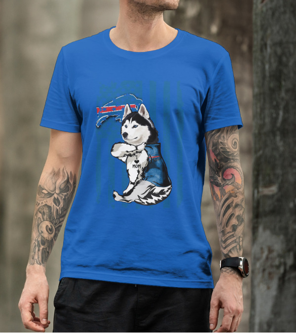 Siberian Husky Wearing Blue Buffalo Bills Vest With Heart Mom Tattoo And Flag T-Shirt