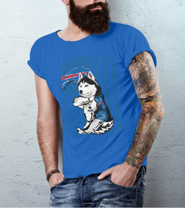 Siberian Husky Wearing Blue Buffalo Bills Vest With Heart Mom Tattoo And Flag T-Shirt