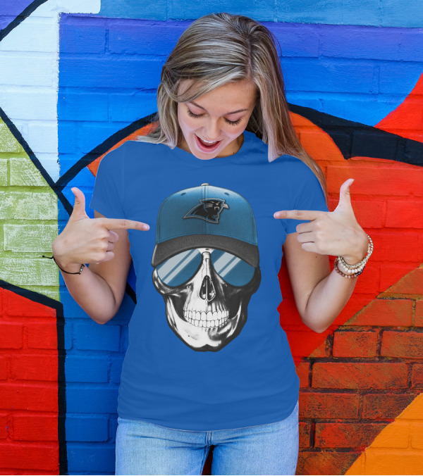 Skull Wearing Carolina Panthers Logo Hat With Reflective Sunglasses T-Shirt