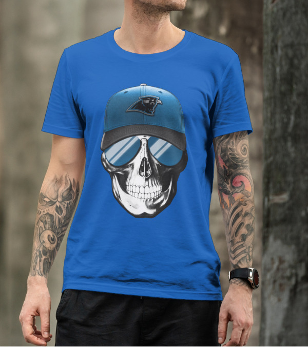 Skull Wearing Carolina Panthers Logo Hat With Reflective Sunglasses T-Shirt