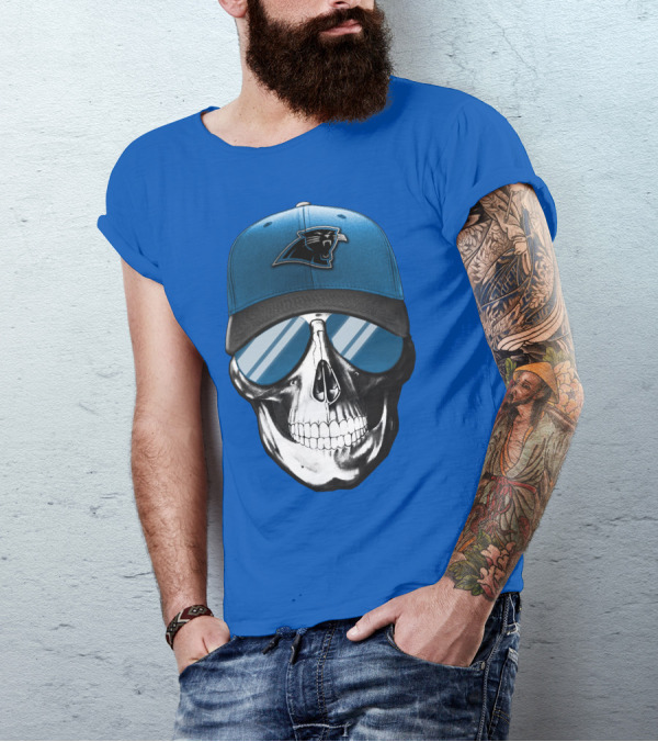 Skull Wearing Carolina Panthers Logo Hat With Reflective Sunglasses T-Shirt