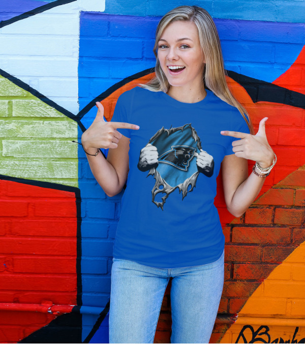 Torn Carolina Panthers Logo With Ripped Fabric And Clenched Hands T-Shirt