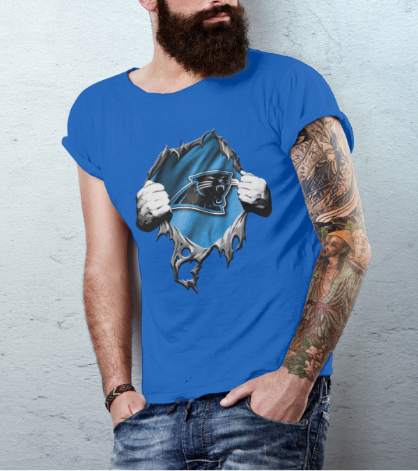 Torn Carolina Panthers Logo With Ripped Fabric And Clenched Hands T-Shirt
