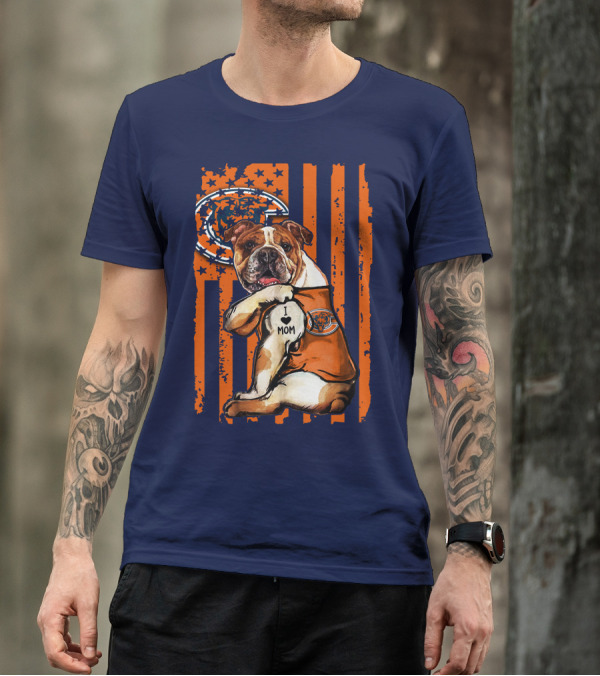 Bulldog I Love Mom Chicago Bears Orange And Blue Stripes T-Shirt