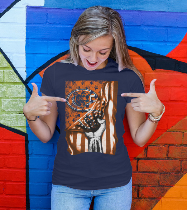 Hand Lifting American Flag Over CHICAGO BEARS T-Shirt