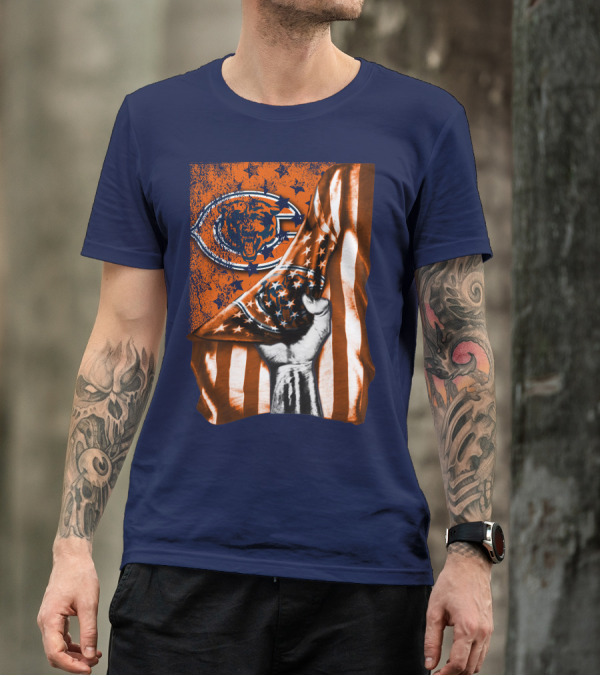Hand Lifting American Flag Over CHICAGO BEARS T-Shirt