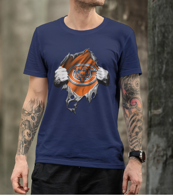 Torn Chicago Bears Emblem Revealed Through Ripped Fabric T-Shirt