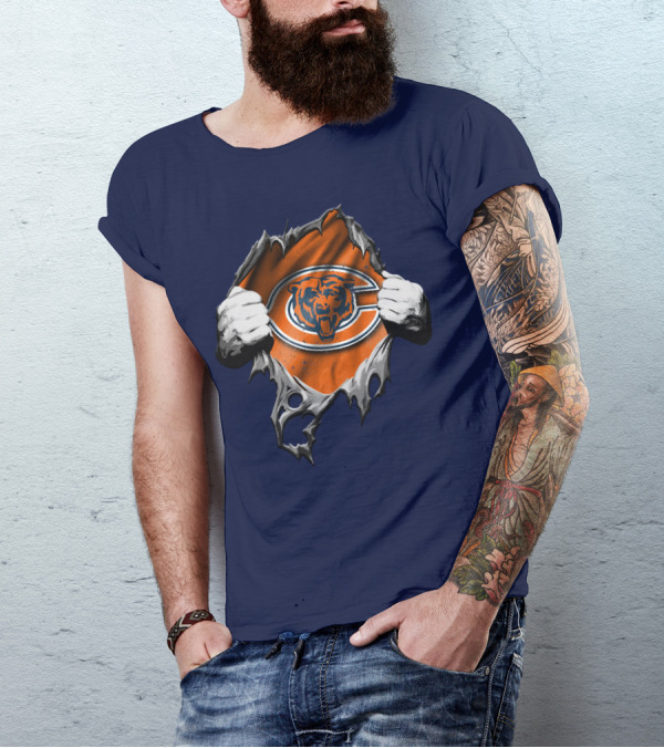 Torn Chicago Bears Emblem Revealed Through Ripped Fabric T-Shirt