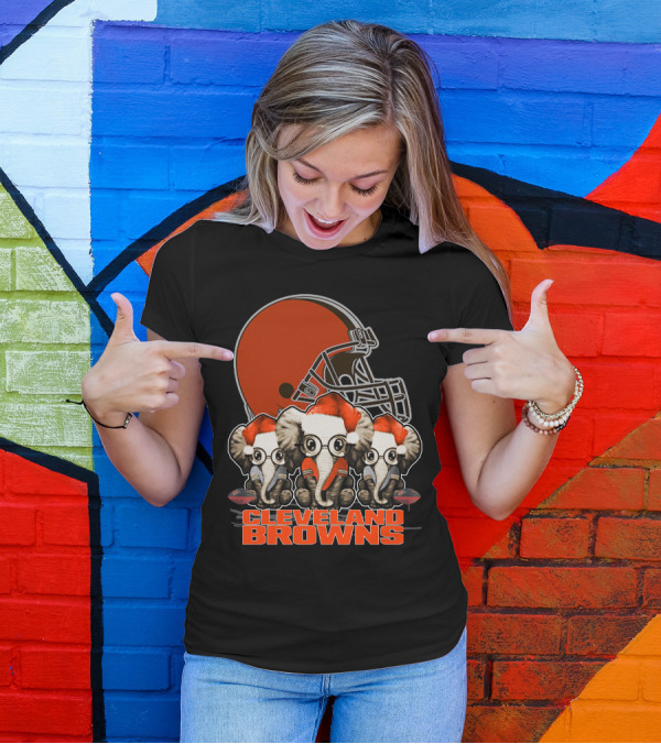 Cleveland Browns Christmas Elephants With Santa Hats T-Shirt