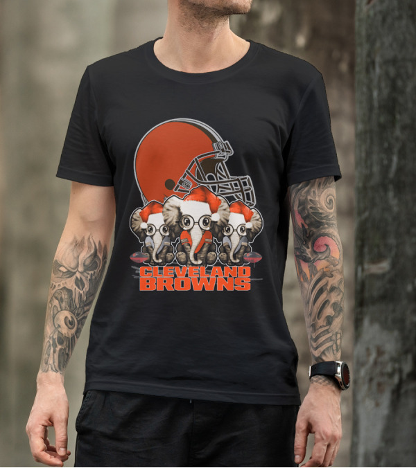 Cleveland Browns Christmas Elephants With Santa Hats T-Shirt