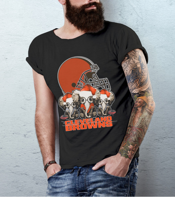 Cleveland Browns Christmas Elephants With Santa Hats T-Shirt