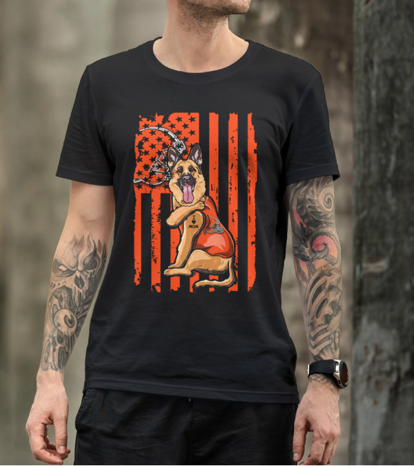 Cleveland Browns German Shepherd Dog And Football Helmet With Orange Flag Background T-Shirt