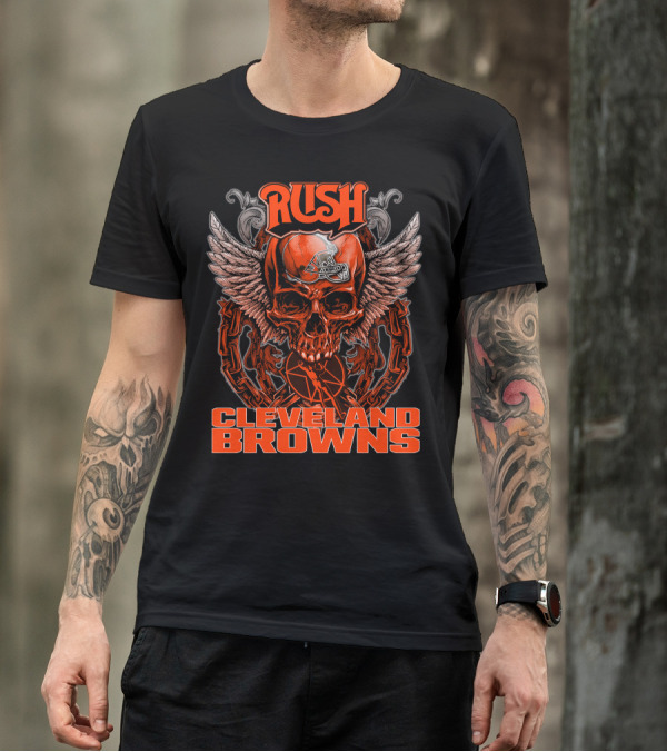 RUSH Cleveland Browns Skull Helmet Wings Chain T-Shirt