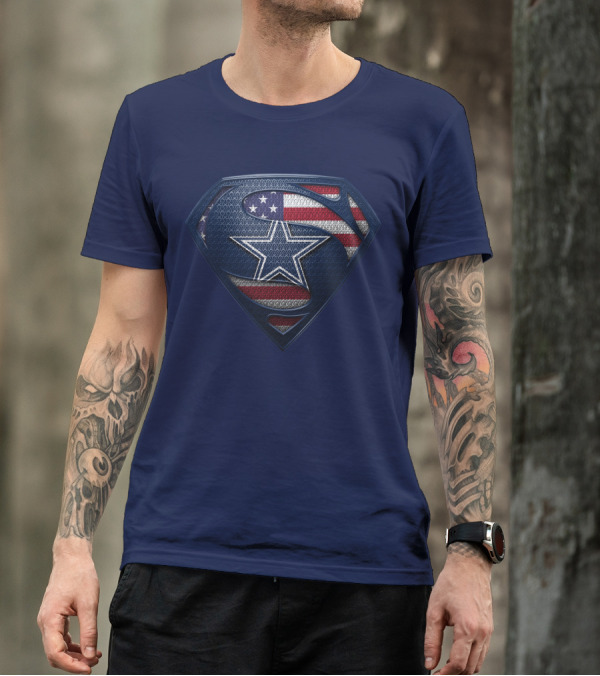 Spm DALLAS COWBOYS Superman Shield American Flag Star T-Shirt