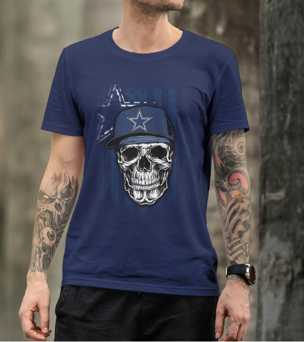 Skull Dallas Cowboys Star Cap With Stripes Background T-Shirt