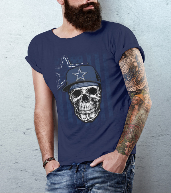 Skull Dallas Cowboys Star Cap With Stripes Background T-Shirt