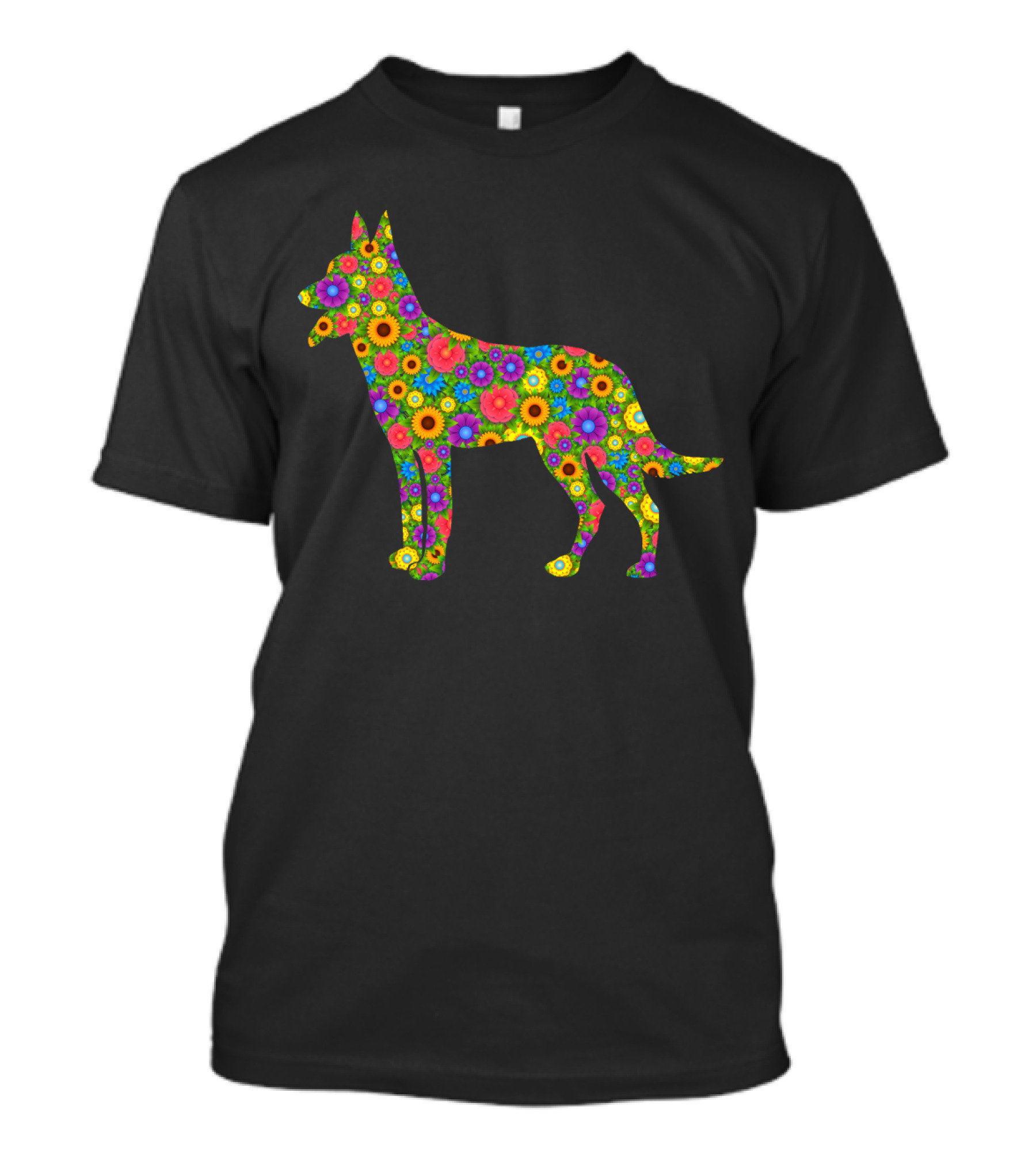 Floral Belgian Malinois Dog Silhouette Pattern With Colorful Flowers T-Shirt