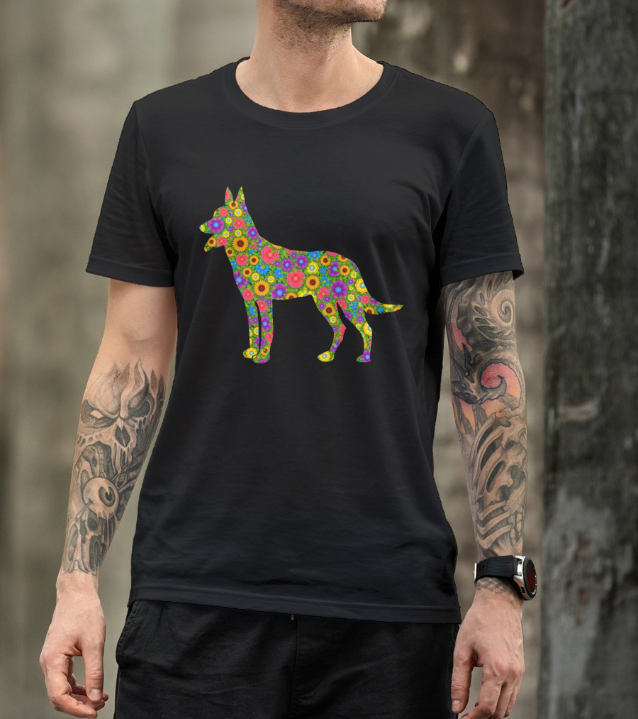 Floral Belgian Malinois Dog Silhouette Pattern With Colorful Flowers T-Shirt