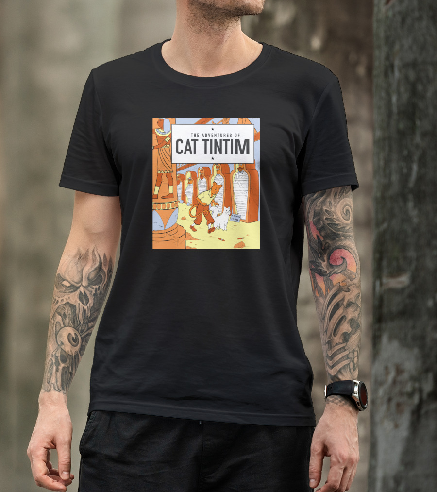 The Adventures Of Cat Tintim Egyptian Mummy Scene Belgian Comics T-Shirt