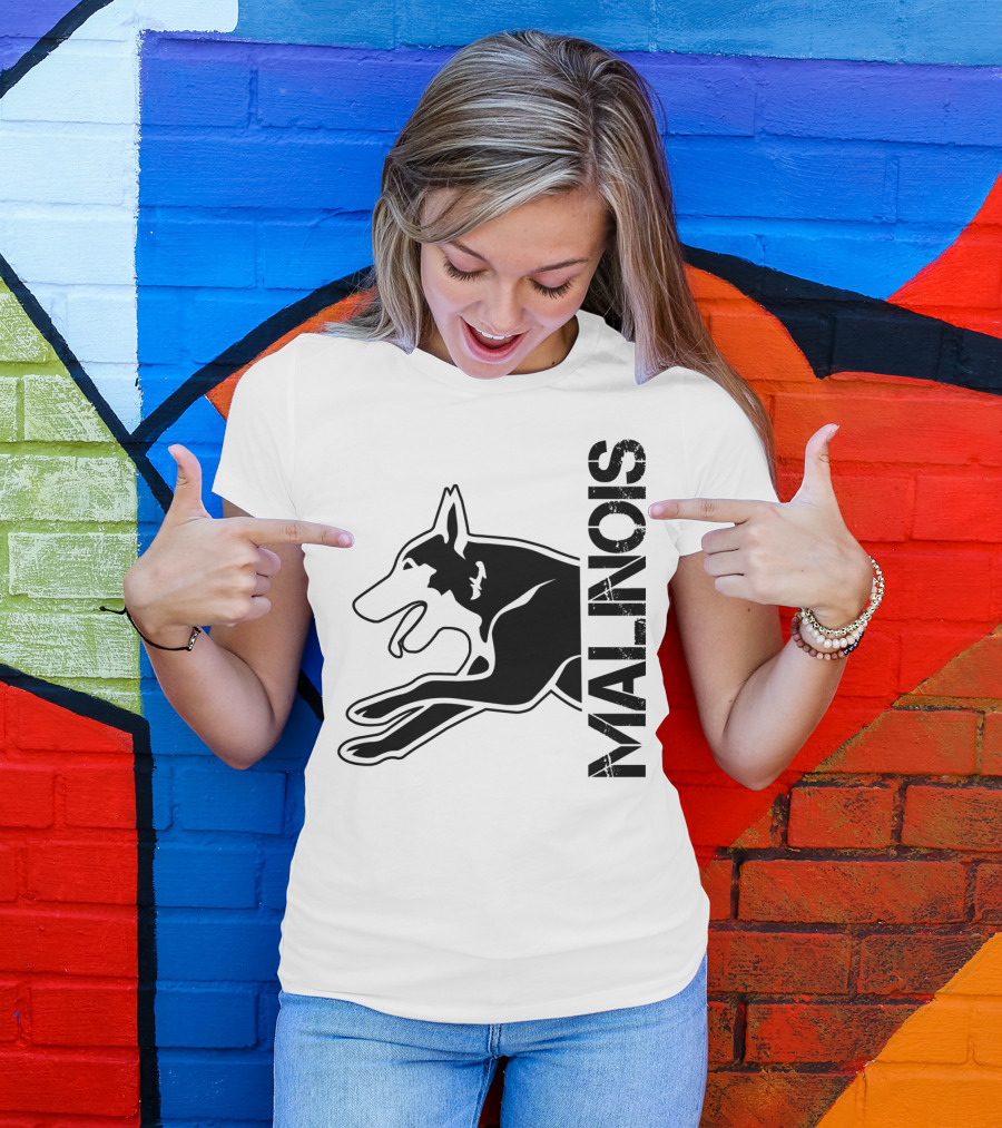 Belgian Malinois Silhouette With Bold Vertical MALINOIS Text T-Shirt