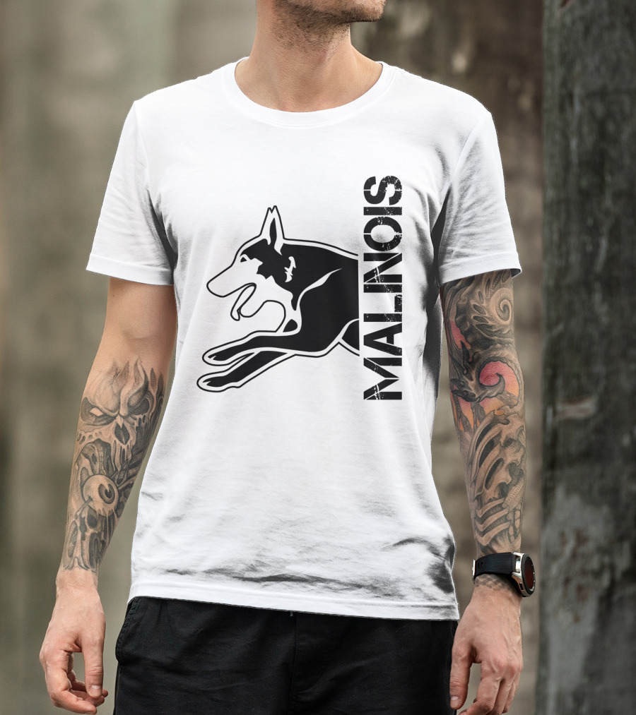 Belgian Malinois Silhouette With Bold Vertical MALINOIS Text T-Shirt