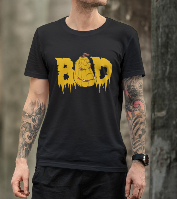 Bad Pumpkin Halloween Scary Horror Face In Dripping Text T-Shirt