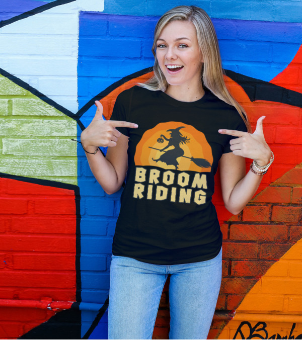 Broom Riding Witch Silhouette With Halloween Pumpkin T-Shirt