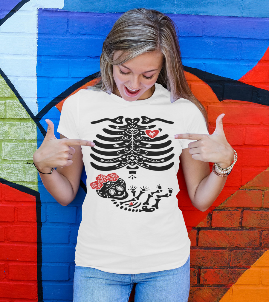 Maternity Sugar Skull Girl Frida Skeleton With Roses T-Shirt