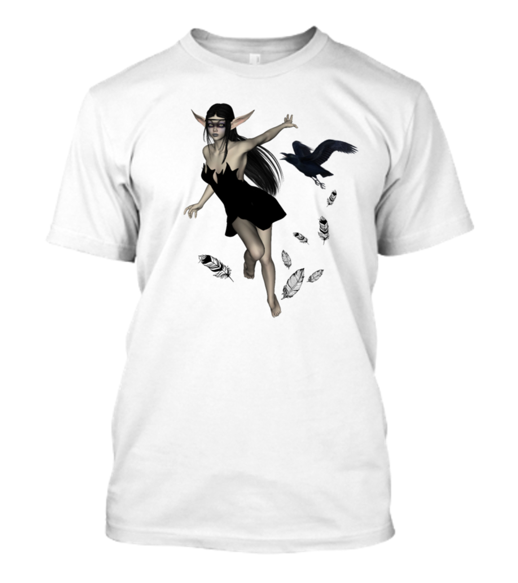 Beautiful Dark Fairy With Crow And Feathers In The Night T-Shirt