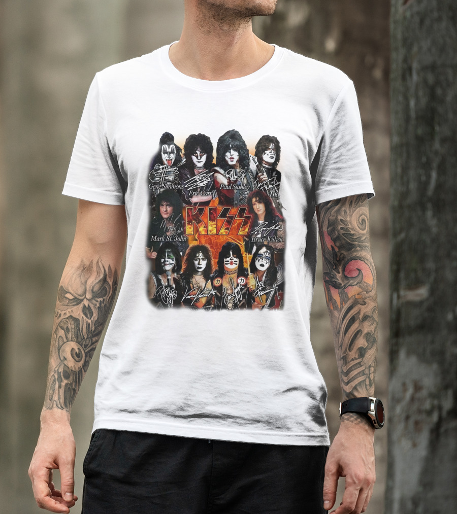 Kiss Band Members Gene Simmons Paul Stanley Peter Criss Ace Frehley Eric Carr Vinnie Vincent Mark St. John Bruce Kulick Eric Singer Thayer Signatures T-Shirt