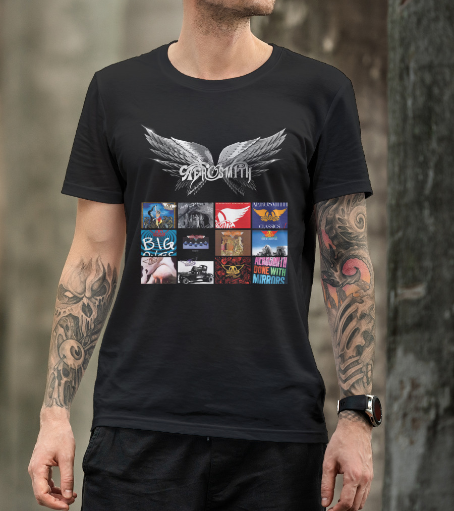 Aerosmith Wings Logo With Album Covers Collection Classics Big Ones Permanent Vacation Pump Done With Mirrors T-Shirt