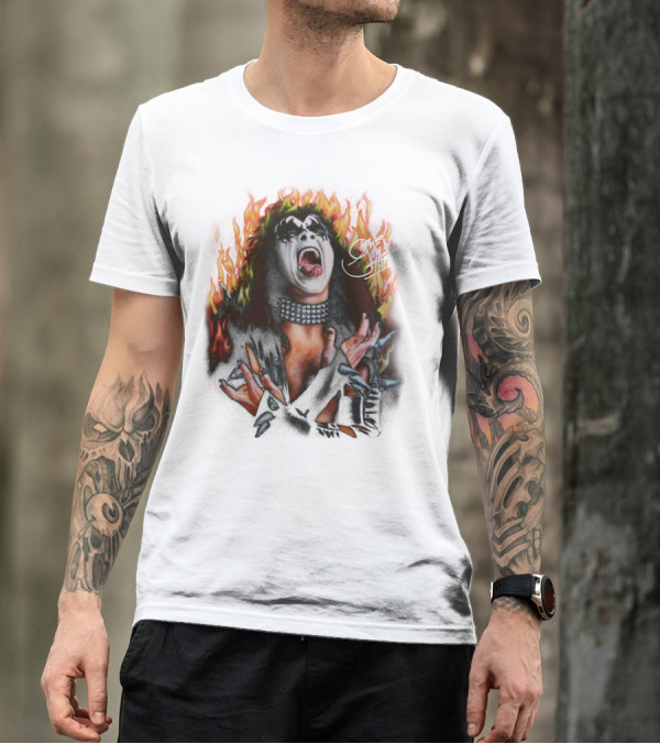Gene Simmons Demon Makeup Fire Background T-Shirt