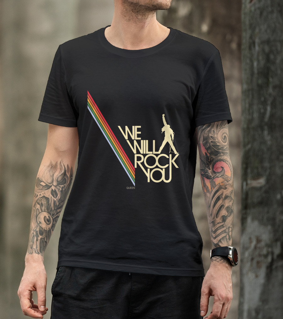 Queen We Will Rock You Silhouette Logo Rainbow Stripes T-Shirt