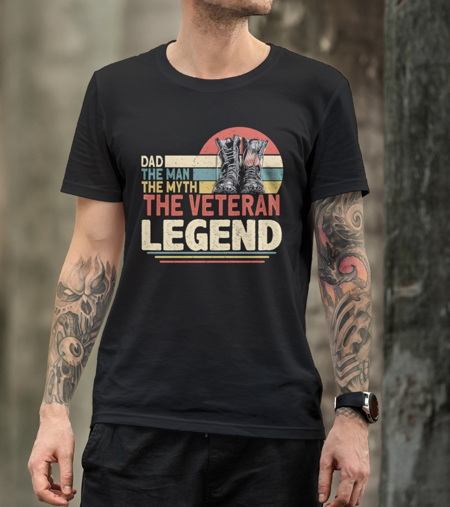Dad The Man The Myth The Veteran Legend With Boots And Patriotic Stripes T-Shirt